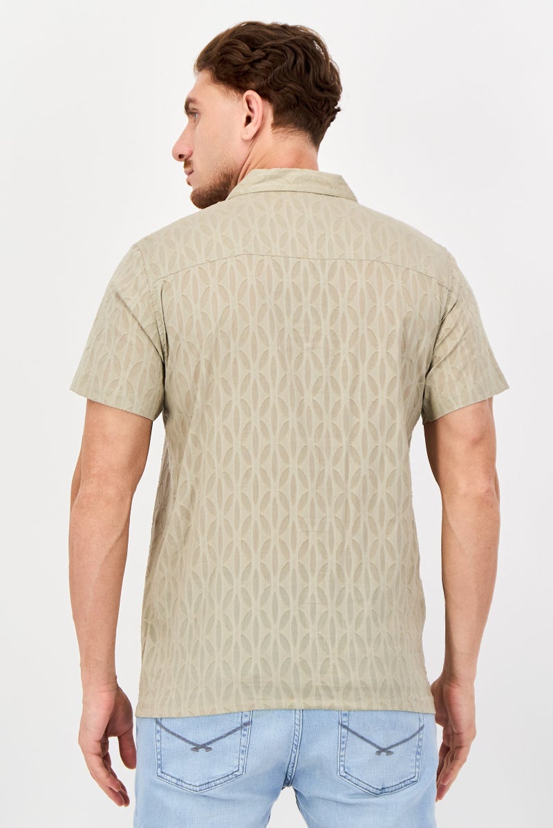 Threadbare Men Regular Fit Short Sleeve Textured Casual Shirt, Khaki - Image 3